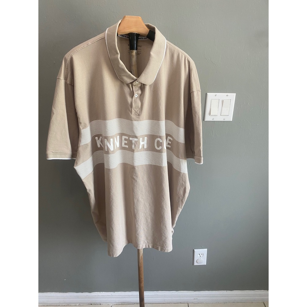 Kenneth‎ Cole Mens 4X Tan Logo Stripe Polo Shirt Short Sleeve Stretch Khaki